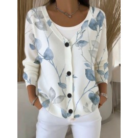 Plus Size, Women's Elegant Blue Floral Print Cardigan Sweater - Soft V-Neck Button Front Jacket, Relaxed Fit Long Sleeve Winter Coat with White & Leaf Pattern, Machine Washable Layering Piece for Fall/Winter (Casual to Formal Outfits)