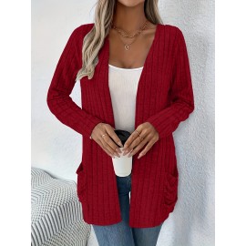 Women'S Elegant Solid Color Cardigan with Pockets - Long Sleeve, Crew Neck, Ribbed Knit Open Front Sweater for Spring & Fall, Plus Size Friendly, Sweater Front Opening | Ribbed Texture Design | Open front cardigan, Sweater Cardiga