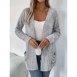 Women'S Elegant Solid Color Cardigan with Pockets - Long Sleeve, Crew Neck, Ribbed Knit Open Front Sweater for Spring & Fall, Plus Size Friendly, Sweater Front Opening | Ribbed Texture Design | Open front cardigan, Sweater Cardiga