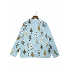 Plus Size - 2D FLAT PATTERN Plus Size, All-printed Elegant Cardigan Jacket For Cats And Dogs, Elastic Round Neck Button-front Lightweight Autumn And Winter Jacket For Women, Casual Jacket For Pet Lovers