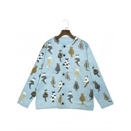 Plus Size - 2D FLAT PATTERN Plus Size, All-printed Elegant Cardigan Jacket For Cats And Dogs, Elastic Round Neck Button-front Lightweight Autumn And Winter Jacket For Women, Casual Jacket For Pet Lovers