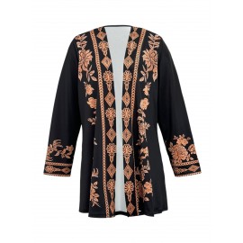 Plus Size - Women'S Plus Size Bohemian Floral Print Cardigan - Lightweight Open Front Long Sleeve Sweater Coat, Soft Machine-Washable Black & White Layering Jacket with Boat Neck, Elegant Casual Spring/Fall Outerwear for Women