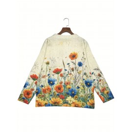 Women's Vibrant Floral Print Apricot Knit Cardigan Sweater - Button-Front Round Neck Casual Jacket, All-Season Versatile Layering Piece with Full-Body Floral Design, Hand Wash/Dry Clean, Sweater Cardigan, Spring Autumn Apparel, Elegant Knitwear, Quality Craftsmanship