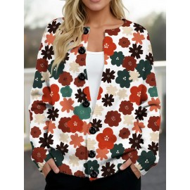 Plus Size - Plus Size, Plus Size Women'S Red & Green Floral Print Christmas Cardigan Sweater - All-Over Floral Pattern with Elastic Button Front, Round Neck & Umbrella Hem, Cozy Long Sleeve Winter Coat for Holiday Parties, Casual Elegant Outerwear