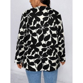 Plus Size - Plus-Size Women'S Elegant Black Floral Print Cardigan - V-Neck Long Sleeve Open Front Sweater with White Poppies & Black Floral Pattern, Cozy Fall Winter Sweater for Office, Casual & Casual Attire, Versatile Layering Piece for Women