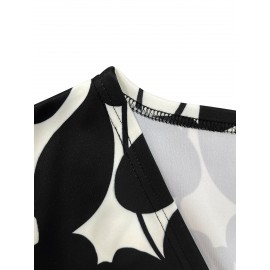 Plus Size - Plus-Size Women'S Elegant Black Floral Print Cardigan - V-Neck Long Sleeve Open Front Sweater with White Poppies & Black Floral Pattern, Cozy Fall Winter Sweater for Office, Casual & Casual Attire, Versatile Layering Piece for Women