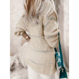 [Chic Cardigan] Plus Size Women's Chic Color-Block Striped V-Neck Cardigan | Long Sleeve, Beige & White, Casual Fall/Winter Outerwear with Lace Detail, Lace Trim