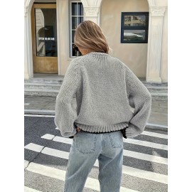 Plus Size - Women'S Plus Size V-Neck Cardigan - Soft, Cozy, and Stylish with Contrast Bow Detail, Long Sleeve, Button-Up Front, Perfect For Fall/winter, Casual Wear, Casual Wear Cardigan | Vneck Cardig