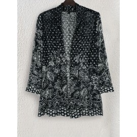 Women's Large Size Lace Color Block Anti-Sun Open Cardigan Suitable for Beach and Street Wear in All Seasons