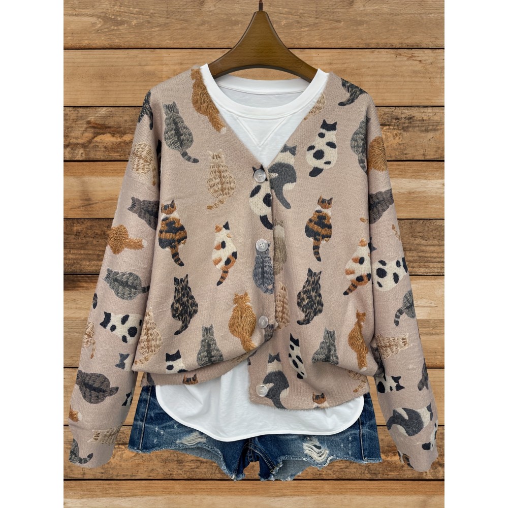 Plus Size - Plus Size Women'S Cozy Cat Print V-Neck Cardigan - Long Sleeve, Button-Up, Casual Fall/Winter Sweater with Pockets, Brown & White Cat Design, Perfect for Casual Attire, Cozy Fall Wear | Playful Print Cardigan | Construction
