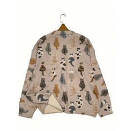 Plus Size - Plus Size Women'S Cozy Cat Print V-Neck Cardigan - Long Sleeve, Button-Up, Casual Fall/Winter Sweater with Pockets, Brown & White Cat Design, Perfect for Casual Attire, Cozy Fall Wear | Playful Print Cardigan | Construction