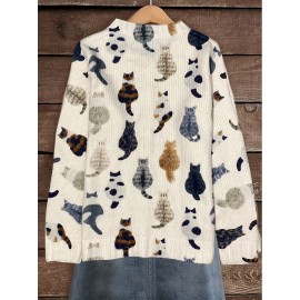 Plus Size - Women'S Cardigan Long Sleeved Jacket Sweater Women'S Casual Cat Print Cardigan- Long Sleeve Round Neck Button Open Front Sweater, Machine Washable Spring And Autumn Layering Top, Durable Shirt