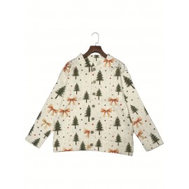 Women'S Christmas Tree 3D Print Cardigan Sweater, 100% Polyester Crewneck Knit Sweater, Button Details, Casual Wear For All Seasons