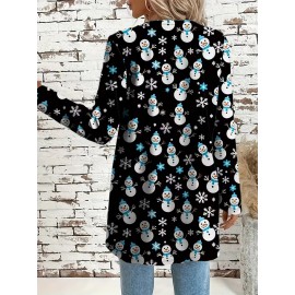 Plus Size, Plus Size Women's Oversized Black Snowman & Snowflake Cardigan - Soft Machine-Washable Winter Coat, Christmas Sweater Jacket with White Snowflake Patterns, Cozy Casual Winter Wear for Holiday Parties & Daily Outfits