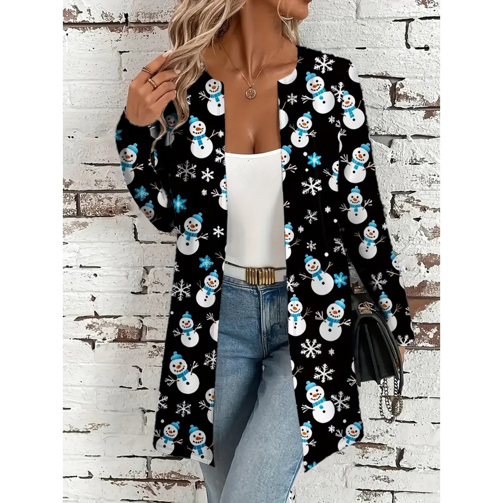 Plus Size, Plus Size Women's Oversized Black Snowman & Snowflake Cardigan - Soft Machine-Washable Winter Coat, Christmas Sweater Jacket with White Snowflake Patterns, Cozy Casual Winter Wear for Holiday Parties & Daily Outfits