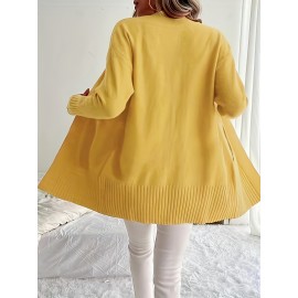 Elegant Oversized Long Sleeve Cardigan for Women - Solid Color, Medium Stretch, with Pockets, Fall/Winter Fashion, Plus Size, Pink