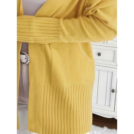 Elegant Oversized Long Sleeve Cardigan for Women - Solid Color, Medium Stretch, with Pockets, Fall/Winter Fashion, Plus Size, Pink