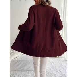 Elegant Oversized Long Sleeve Cardigan for Women - Solid Color, Medium Stretch, with Pockets, Fall/Winter Fashion, Plus Size, Pink