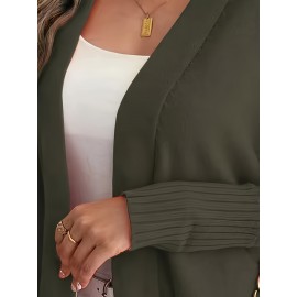Elegant Oversized Long Sleeve Cardigan for Women - Solid Color, Medium Stretch, with Pockets, Fall/Winter Fashion, Plus Size, Pink