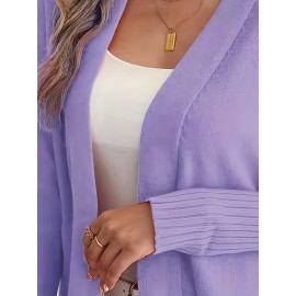 Elegant Oversized Long Sleeve Cardigan for Women - Solid Color, Medium Stretch, with Pockets, Fall/Winter Fashion, Plus Size, Pink
