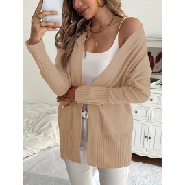 Elegant Oversized Long Sleeve Cardigan for Women - Solid Color, Medium Stretch, with Pockets, Fall/Winter Fashion, Plus Size, Pink