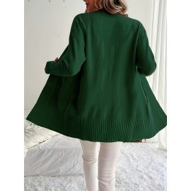 Elegant Oversized Long Sleeve Cardigan for Women - Solid Color, Medium Stretch, with Pockets, Fall/Winter Fashion, Plus Size, Pink