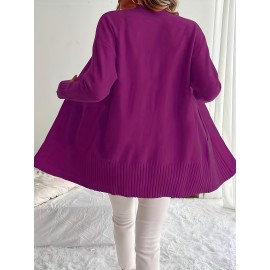 Elegant Oversized Long Sleeve Cardigan for Women - Solid Color, Medium Stretch, with Pockets, Fall/Winter Fashion, Plus Size, Pink