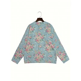 Plus Size - Women'S Plus Size 3D Floral Print Cardigan - Pink, White & Light Blue Long-Sleeve Casual Button-Up Jacket, Soft Lightweight Round Neck Layered Top for Spring & Fall, Autumn Outerwear, Spring Outerwear Single Layer Jacket, Lightweight Cardigan, Spring Fall Wear, Round Neck Design, Soft Texture