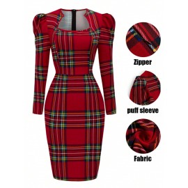 Women'S Elegant Christmas Plaid Bodycon Dress - Long Sleeve Puff Shoulder Red Tartan Checkered Pattern with Zipper Back, Boat Neck Winter Party Dress, Structured Fitted Silhouette for Xmas, New Year'S Eve & Holiday Events - Red/Green Tartan Checkere