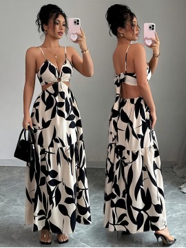 Women'S Floral Print Office to Party Dress - Elegant Sleeveless Midi Dress with Thin Strap, Flared Hem, for Work, Formal Events, Everyday Outfits - Spring/Fall/Summer Women'S Clothing, Casual Wear, Fitted Waist, Lightweight Fabric, Working Women