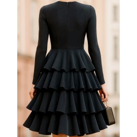 Women'S Elegant Solid Black A-Line Layered Hem Tunic Dress with Puffed Sleeve-like Effect - Structured Fitted Top & Flowing Skirt, Floor-Length or Above-Knee Length, Machine Washable Formal Party Wedding Gala Dress for Spring/Fall, Round Neck Long Sleeve Elegant Party Dress for Women, Wedding Dresses for Women, Formal Dress, Elegant Classy Dresses for Women, Wedding Dress, Dresses for Women Elegant Classy, Highquality Fabric, Smooth Texture Dress, Long Sleeve Dresse For Women, Women