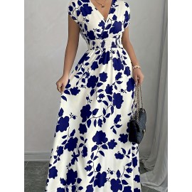 Elegant Pink Floral Maxi Dress with V-Neck and Short Sleeves - Flowing A-Line Silhouette, Cinched Waist, Perfect for Spring/Fall, Casual to Formal Wear, Casual Elegant Wear | Floral Print Dress | Cinched Waist Design