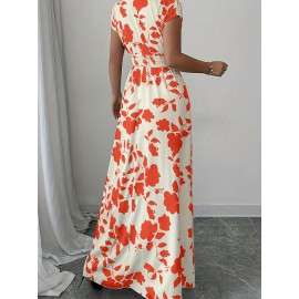 Elegant Pink Floral Maxi Dress with V-Neck and Short Sleeves - Flowing A-Line Silhouette, Cinched Waist, Perfect for Spring/Fall, Casual to Formal Wear, Casual Elegant Wear | Floral Print Dress | Cinched Waist Design