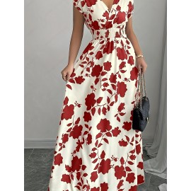 Elegant Pink Floral Maxi Dress with V-Neck and Short Sleeves - Flowing A-Line Silhouette, Cinched Waist, Perfect for Spring/Fall, Casual to Formal Wear, Casual Elegant Wear | Floral Print Dress | Cinched Waist Design