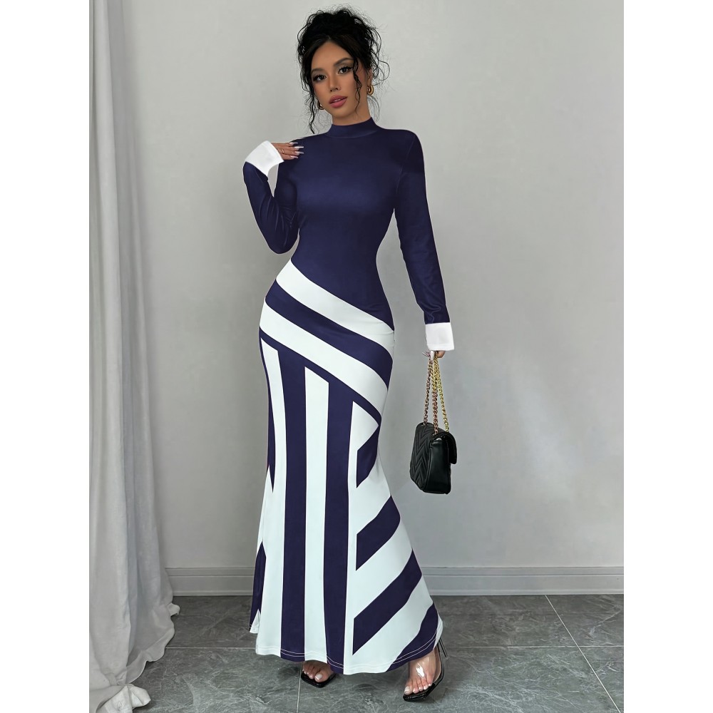 Women's Elegant High Neck Striped Bodycon Fish Tail Dress - Machine Washable Medium Stretch Midi Dress for Spring/Fall, Office & Casual Wear
