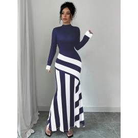 Women's Elegant High Neck Striped Bodycon Fish Tail Dress - Machine Washable Medium Stretch Midi Dress for Spring/Fall, Office & Casual Wear