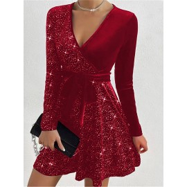 Women'S Elegant Sparkling Sequin V-Neck Long Sleeve Mini Dress - Luxurious Party & Formal Evening Gown with Waist Tie Belt, Shiny Red/Black/Black Sequin Dress for Autumn/Winter, Spring/Summer/Fall Events, Prom, Gala, Everyday Outfits - Comfortable &