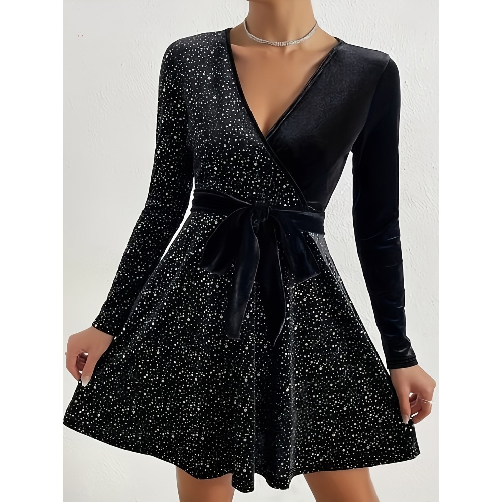 Women'S Elegant Sparkling Sequin V-Neck Long Sleeve Mini Dress - Luxurious Party & Formal Evening Gown with Waist Tie Belt, Shiny Red/Black/Black Sequin Dress for Autumn/Winter, Spring/Summer/Fall Events, Prom, Gala, Everyday Outfits - Comfortable &