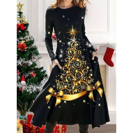 Women's Elegant All-Over Star & Christmas Tree Print Long Sleeve Dress - Full-Length Winter Party Gown with Round Neck, A-Line Silhouette & Waist-Fitting for Holiday Celebrations, Prom, New Year's Eve (Machine Washable)