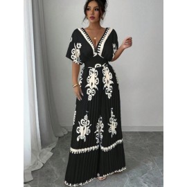 Women's Elegant V-Neck Short Sleeve Jumpsuit with Cinched Waist & Pleated Pants - Loose Fit Wedding Guest Outfit, Summer Party Suit, Machine Washable All-Season Attire