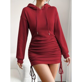 Hooded Ruched Bodycon Dress | Stylish Casual Streetwear with Drawstring Side Detail, Long Sleeve, Midi Length, Perfect for Daily Wear, Parties, Travel, and Fashion Looks