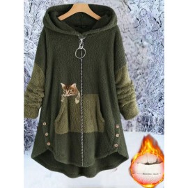 Women's Plus-Size Plush Zip-Up Hooded Jacket with Cat Print & Button Closure - Oversized Winter Warm Coat, Sleeveless Sporty Outerwear for Running, Gym, Casual Outfits - Machine Washable (Brown/Beige/Pink) - Fleece Lining, Pockets, Color Block Design, Relaxed Fit, Suitable for Exercise & Casual Attire, Large Size Casual Sportswear with Plush Material