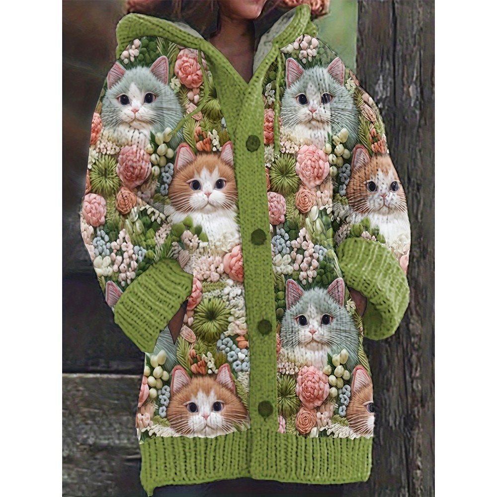 Large-sized Cat And Flower Pattern Hooded Cardigan for Women, Loose And, Warm Sweater Coat for Autumn And Winter., Cozy Clothing, Winter Sweater, Floral Pattern, Stylish Hoodie, Soft Material, Cozy Knitwear, Buttonup Coat, Oversized Cardigan