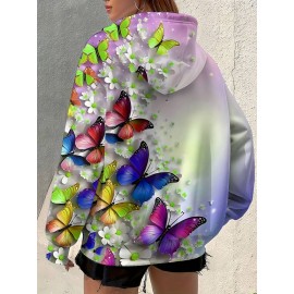 Plus Size Women'S 3D Butterfly & Floral Print Zip-Up Hoodie Jacket - Oversized Loose Fit Retro V-Neck Sweatshirt with Pockets, Long Sleeve Full-Zip Front, Multicolor All-Over Print (PinkPurple/Yellow/Green/Orange) for Fall Winter Warmth
