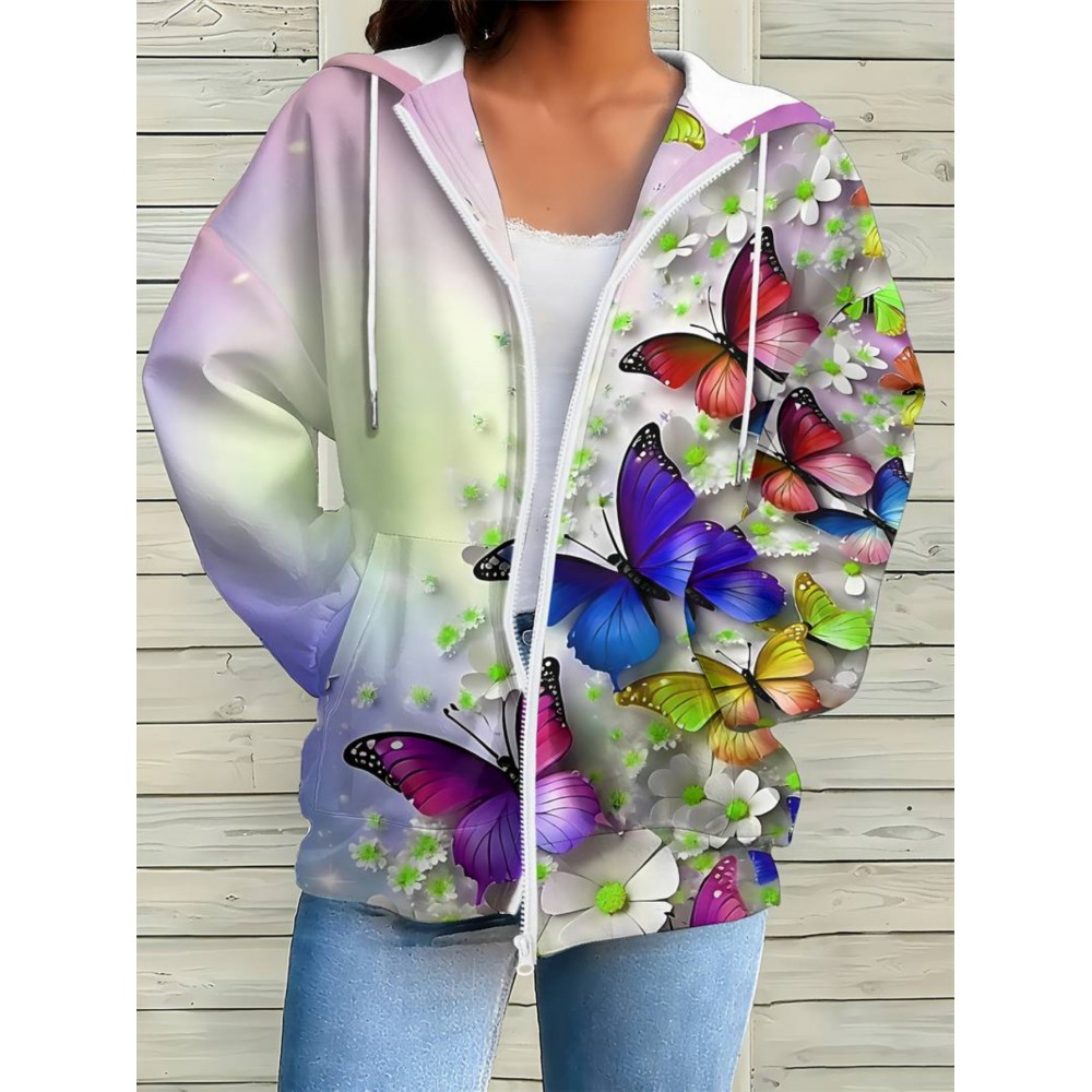 Plus Size Women'S 3D Butterfly & Floral Print Zip-Up Hoodie Jacket - Oversized Loose Fit Retro V-Neck Sweatshirt with Pockets, Long Sleeve Full-Zip Front, Multicolor All-Over Print (PinkPurple/Yellow/Green/Orange) for Fall Winter Warmth