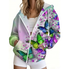 Plus Size Women'S 3D Butterfly & Floral Print Zip-Up Hoodie Jacket - Oversized Loose Fit Retro V-Neck Sweatshirt with Pockets, Long Sleeve Full-Zip Front, Multicolor All-Over Print (PinkPurple/Yellow/Green/Orange) for Fall Winter Warmth