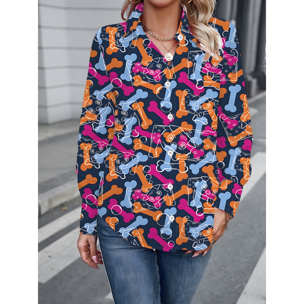Plus Size Women'S Oversized Long Sleeve Shirt with 3D Bone & Paw Print | Soft Casual All-Season Blouse, Plush Pet Lover Outfit, Button Front Closure, Relaxed Fit, Hand Wash Dry Clean, Vibrant Colors, Longline Design, Soft Fabric for Layering
