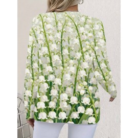 Plus Size Oversized Chunky Cardigan - Winter Warm White Lily & Lily-of-the-Valley Floral Print Jacket, Green Button-Front Sweater Coat, Machine Washable Casual Outerwear for Fall/Winter Layering (No Belt/Tie)