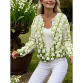 Plus Size Oversized Chunky Cardigan - Winter Warm White Lily & Lily-of-the-Valley Floral Print Jacket, Green Button-Front Sweater Coat, Machine Washable Casual Outerwear for Fall/Winter Layering (No Belt/Tie)
