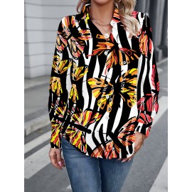Plus Size Women'S Long Sleeve Butterfly Print Blouse | Black & White Contrast 3D Floral Design, Soft Comfortable Light Beige-Friendly Fabric, Casual Button-Up Shirt for Spring & Fall, Versatile Layering Piece, Allseason Blouse, Floral Print Top